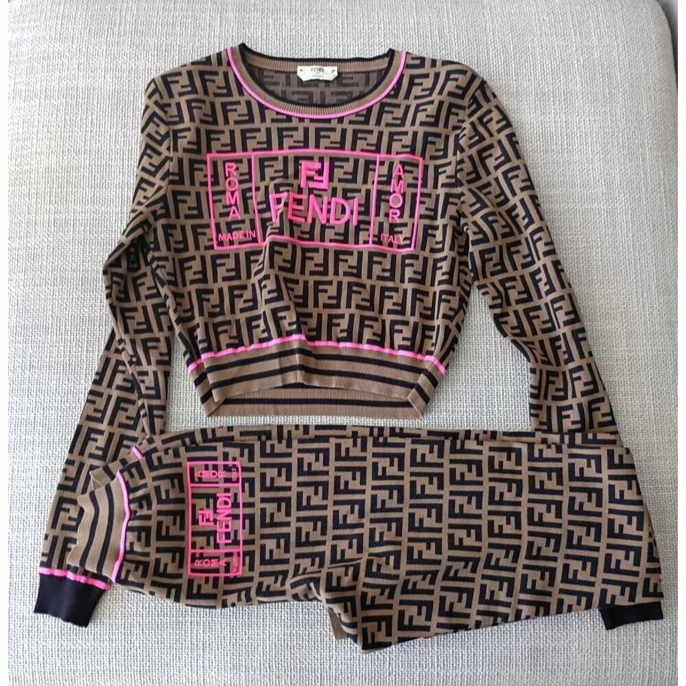 FENDI Brown Zucca Monogram Knit Crop Top & Leggings Set | Size US 4 / IT 40
